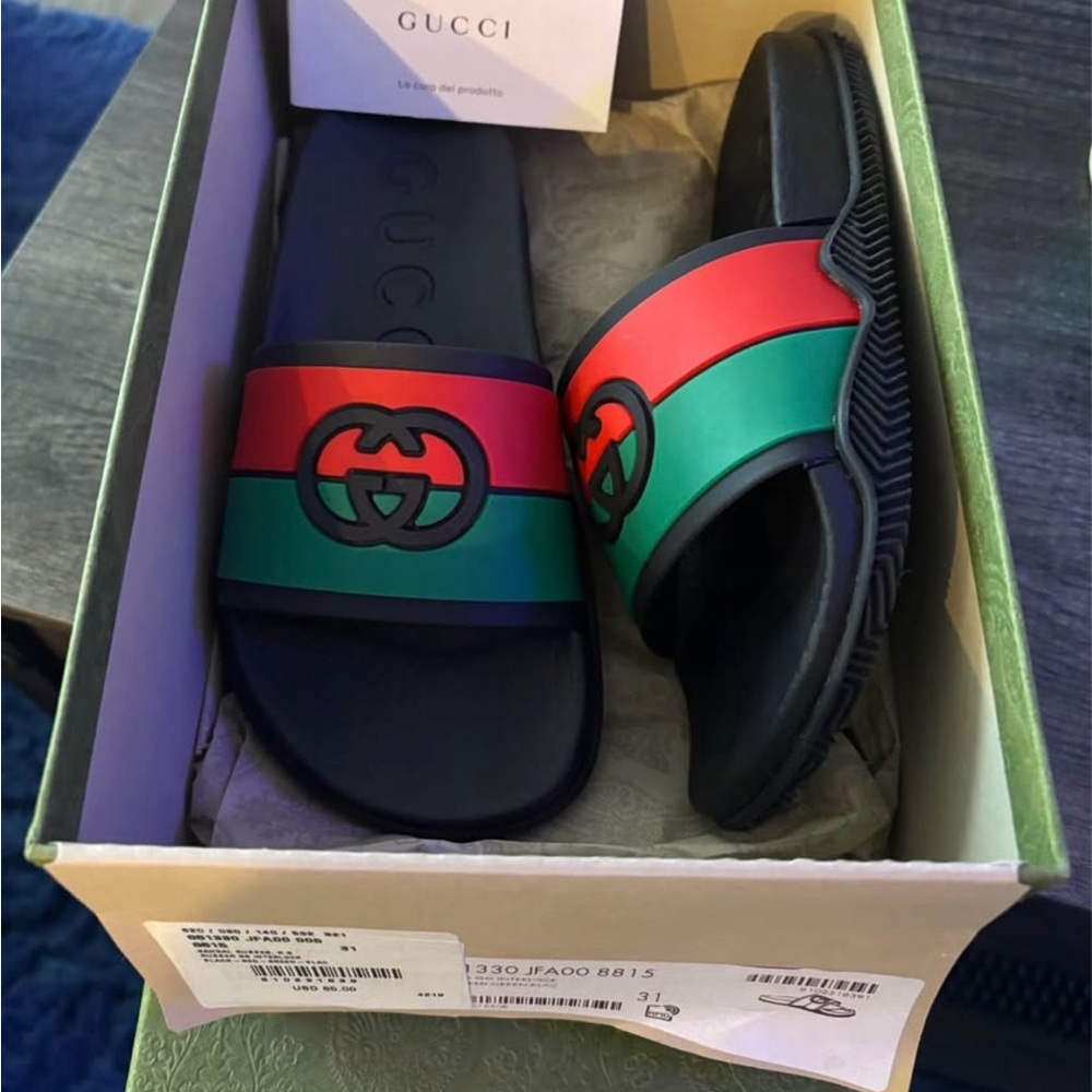 Gucci Black Slides with Red and Green Stripes